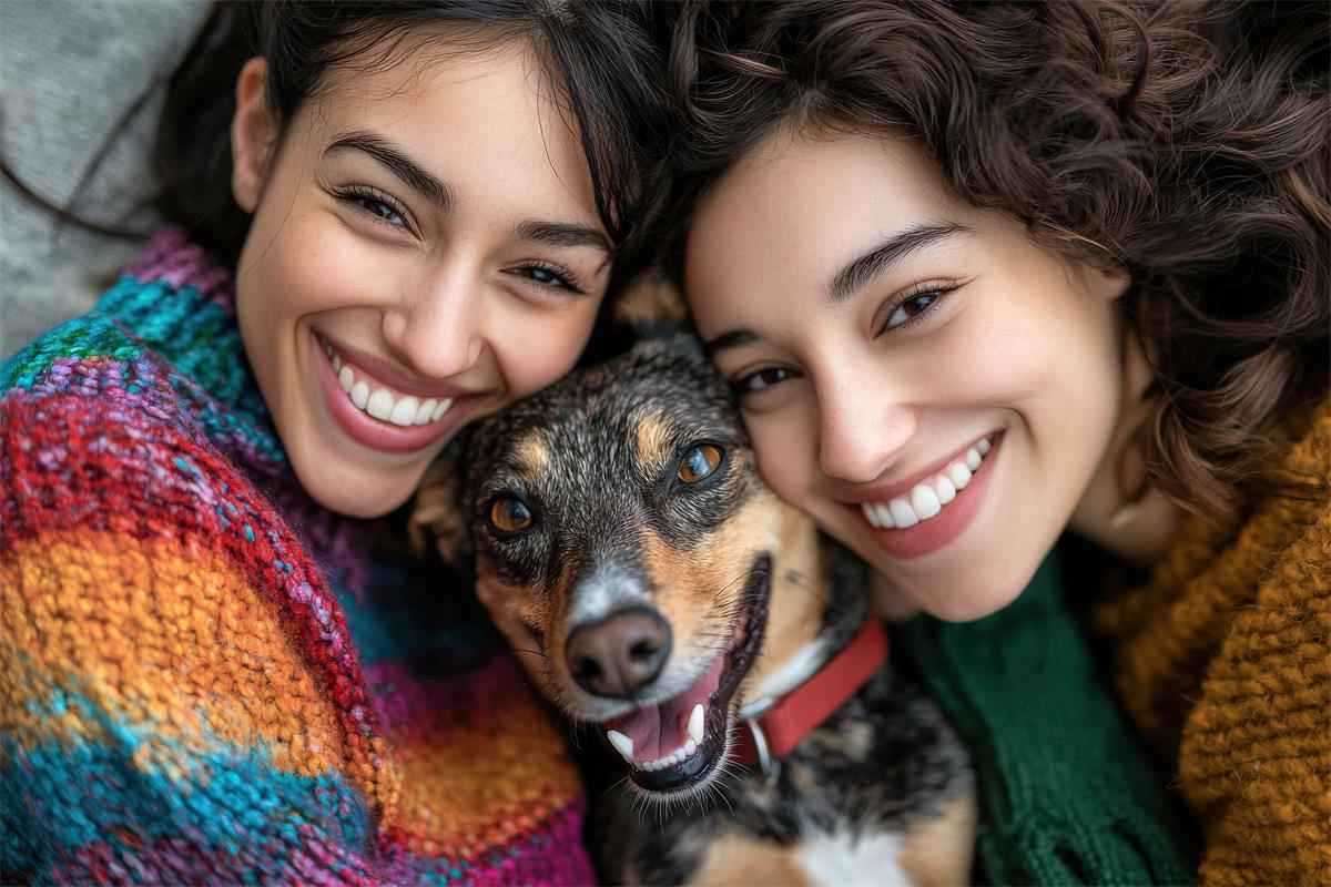 Family photo of two moms and their dog, all smiling and cuddling. 